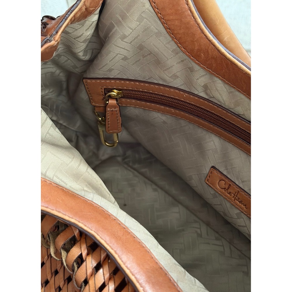Cole Haan Woven Leather Hobo Bag Cognac Brown Satchel Gold Hardware - Picture 10 of 11